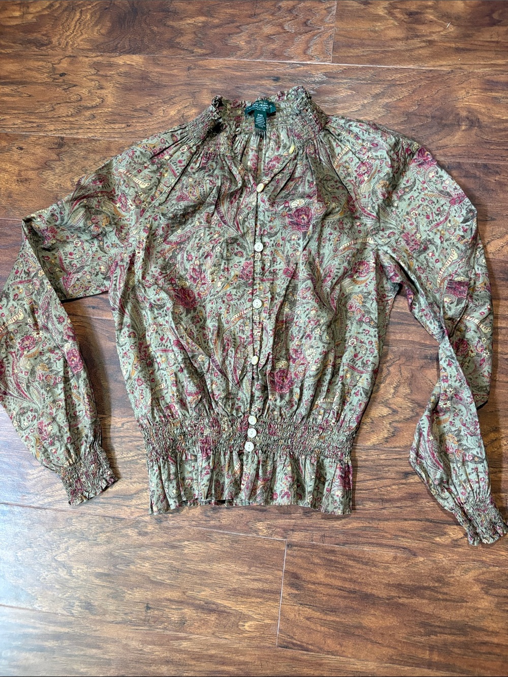 Smocked Paisley Button-Front Blouse — Olive with Rose Accents